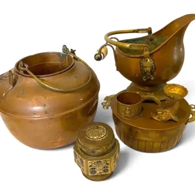 Assorted Brass Copperware: Napkin Ring, Fish Bowl, Pots, & Tea Caddy