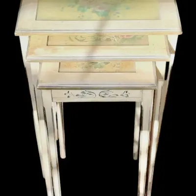 Vintage Floral Painted Wooden Nesting Tables 