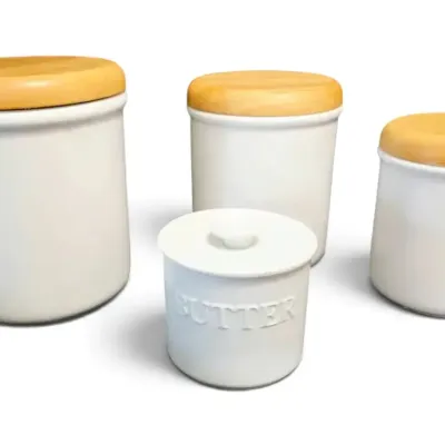 White Ceramic Canister Set w/ Wooden Lids & Butterbell