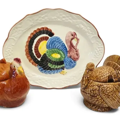 Vintage 18" Turkey Platter, Tureen, & Hen On Nest Cookie Jar