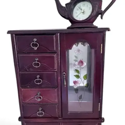 Six-Drawer Small Wooden Jewelry Armoire w/ Teapot Clock