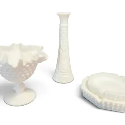 Imperial Glass Hobnail Milk Glass Pedestal Dish, Ashtrays, & Vase