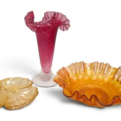 Cranberry Glass Ruffled Edge Vase, Marigold Carnival Glass Bowl & Dish
