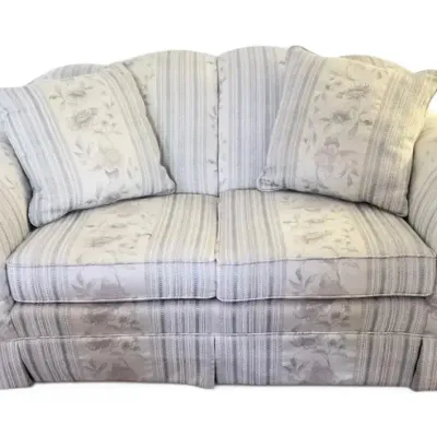 Beige & Blue Floral & Striped Jacquard Pattern Loveseat w/ Two Pillows 