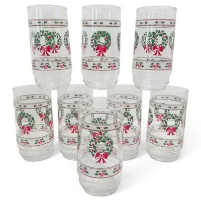 8 Indiana Glass "Victorian Christmas" Wreath Glasses (5.5")