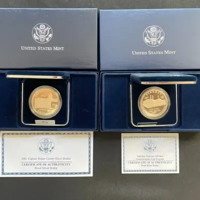 2 U.S. Mint Commemorative Proof Silver Dollars – 2001 Capitol & 2006 Old Mint – 90% Silver
