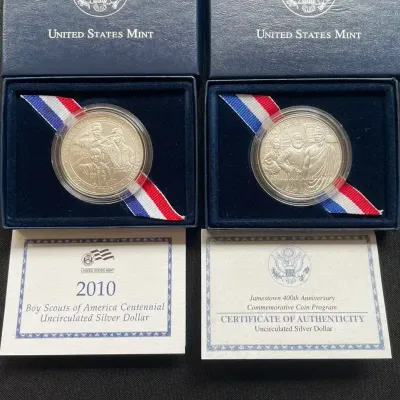 2007 Jamestown & 2010 Boy Scouts U.S. Mint Commemorative Dollars – 90% Silver – OGP/COA