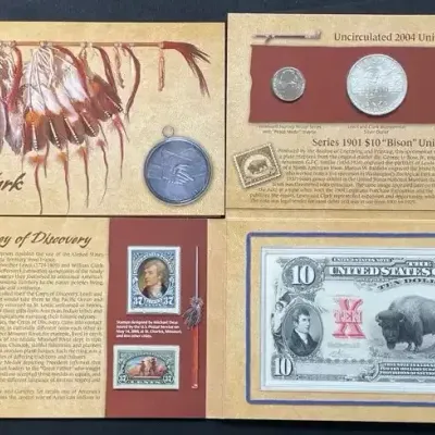 2004 Lewis & Clark Coinage & Currency Set – Bicentennial Silver Dollar, Coins, Peace Medal & $10 Bis