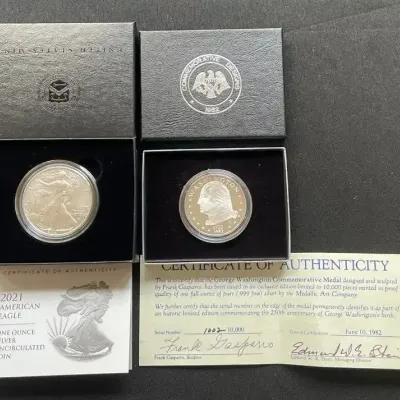 2021 American Silver Eagle & 1982 George Washington Medal – 2 oz .999 Fine Silver Lot