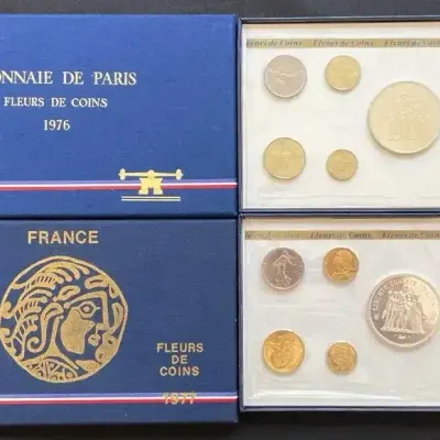 Lot of 2 France 1976 & 1977 Fleurs de Coins Sets – 50 Francs .900 Silver