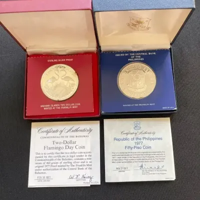 1977 Franklin Mint Sterling Silver Proof Coin Lot – Bahamas $2 Flamingo & Philippines 50 Piso – Orig