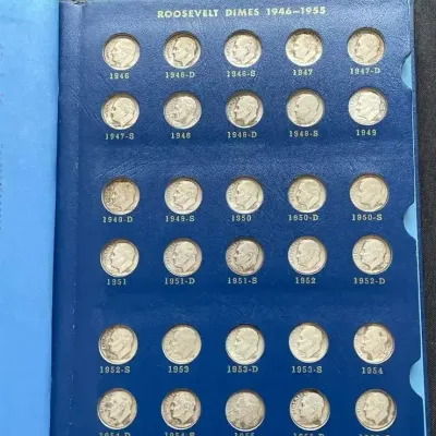 56-Coin Roosevelt Dime Collection 1946–1968 – 48 Pre-1965 90% Silver Dimes – Whitman Coin Album
