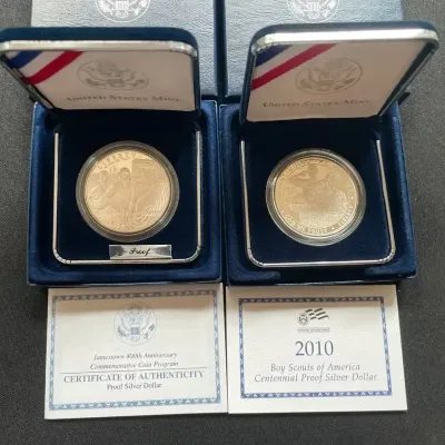 2007 Jamestown & 2010 Boy Scouts U.S. Mint Proof Silver Dollars – 90% Silver – OGP & COAs