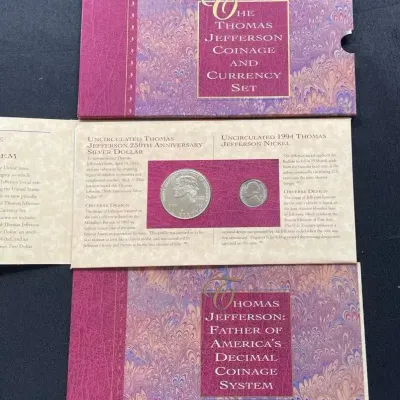 1994 Thomas Jefferson Coinage & Currency Set – Silver Dollar, Nickel & 1976 $2 Star Note