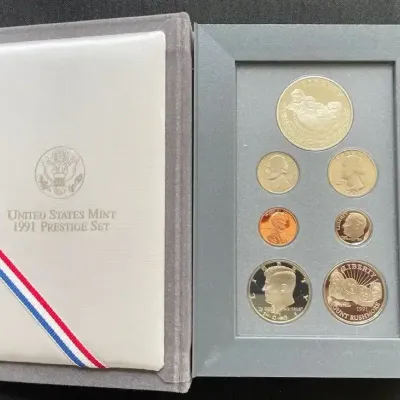 1991 U.S. Mint Mount Rushmore Prestige Proof Set – 7 Coins w/ 90% Silver Dollar & Original Packaging