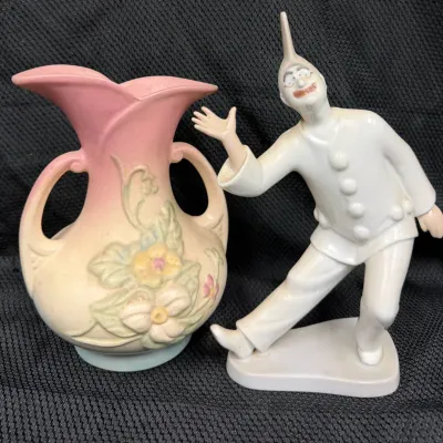 Vintage Bing & Grøndahl Pierrot Porcelain Figurine & Vintage Hull Pottery Double-Handled Vase