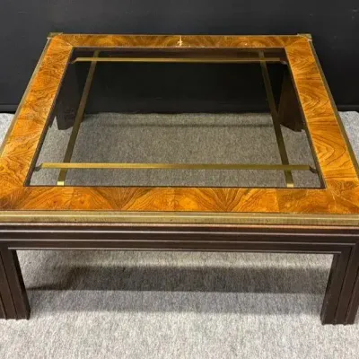 Lane Hollywood Regency Style Wood Square Coffee Table With Burlwood Veneer and Brass Trim