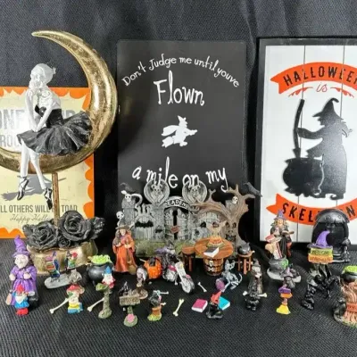 Halloween Village, Skeleton on the Moon and Signs