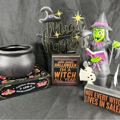 Animated Witch, Cauldron, Metal and Wood Signs, and Storage Book