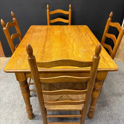 Vintage Solid Wood Table and Four Chairs With Rush Seats