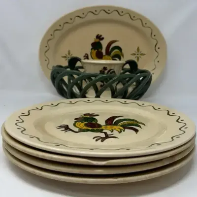 Poppytail Rooster Plates, Platter, Cup & Unmarked Bowl