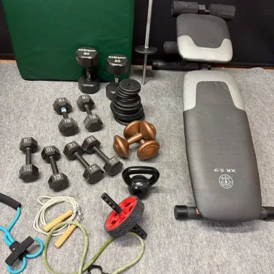 Gold’s Gym Weightlifting Bench, Weights, Tumbling Mat and More