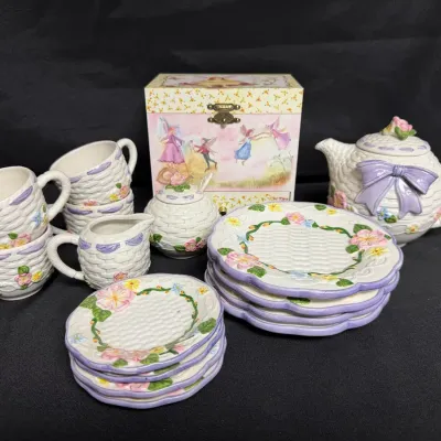 Vintage Ceramic Tea Set Featuring a Basketweave and Floral Motif With Pastel Purple Bows