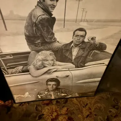 Framed print of Chris Consani's "Java Joint" style artwork, featuring Elvis Presley, Humphrey Bogart, Marilyn Monroe, and...