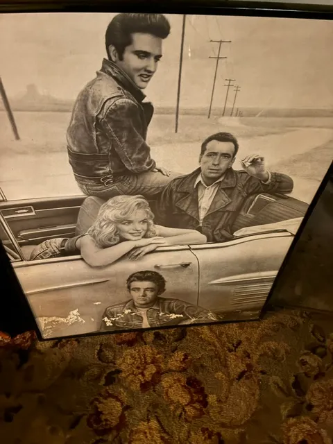 Framed print of Chris Consani's "Java Joint" style artwork, featuring Elvis Presley, Humphrey Bogart, Marilyn Monroe, and...