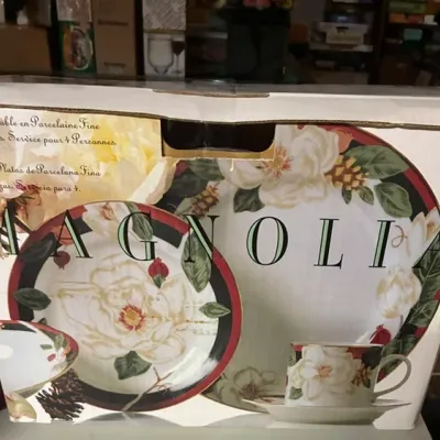 Vintage Magnolia fine porcelain 20-piece dinnerware service for four, in its original retail packaging.