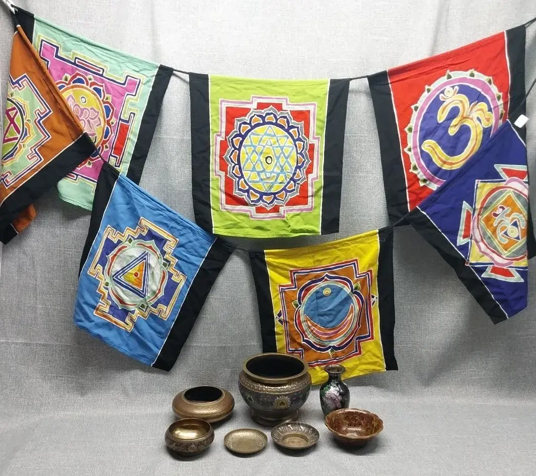 Asian Brass Bowls & Brass Jardiniere With Cloisonne Enamel Bowl Collection With Flags