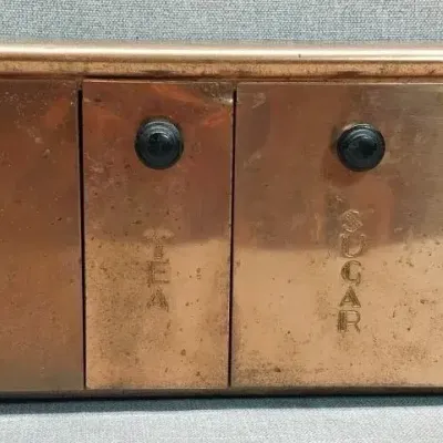 Mid-Century Copper Tone Kitchen Canister Cabinet – Flour, Tea, Sugar, Coffee