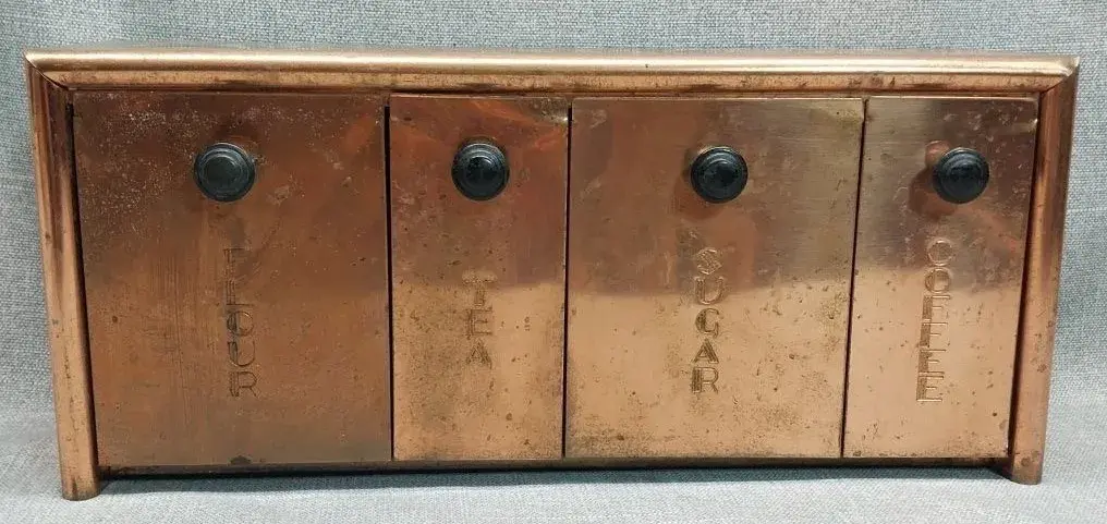 Mid-Century Copper Tone Kitchen Canister Cabinet – Flour, Tea, Sugar, Coffee