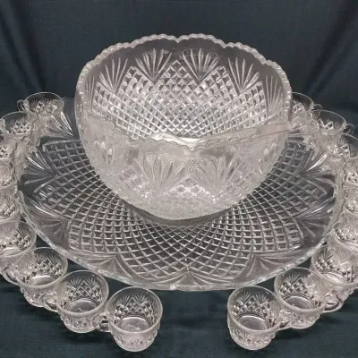 Clear Pressed Glass Serving Tray, Punch Bowl, & Cups