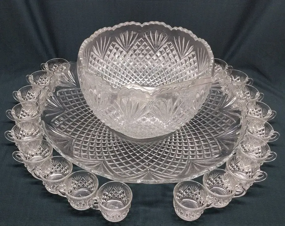 Clear Pressed Glass Serving Tray, Punch Bowl, & Cups