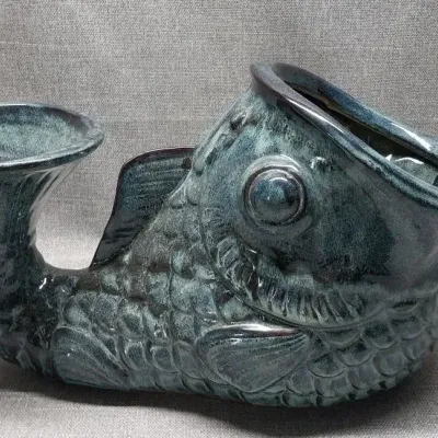 Koi Fish Planter Vase – Blue Drip Glaze, Double Opening