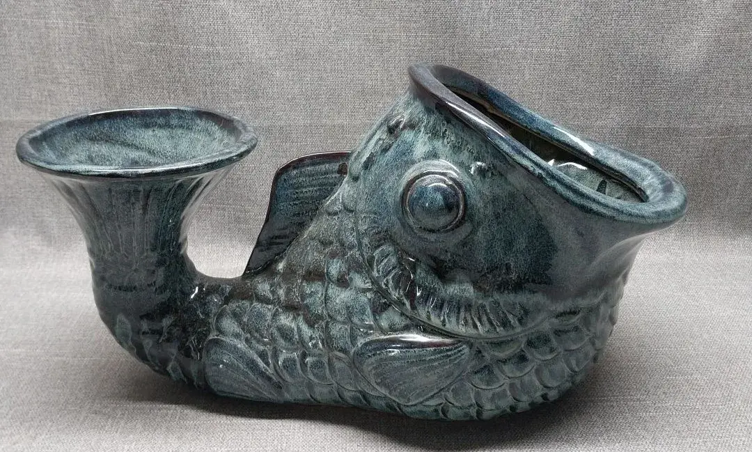 Koi Fish Planter Vase – Blue Drip Glaze, Double Opening