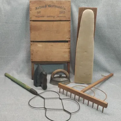 Antique Laundry Day Lot – National Washboard Co. No. 862, Sad Irons, Rug Beater & More