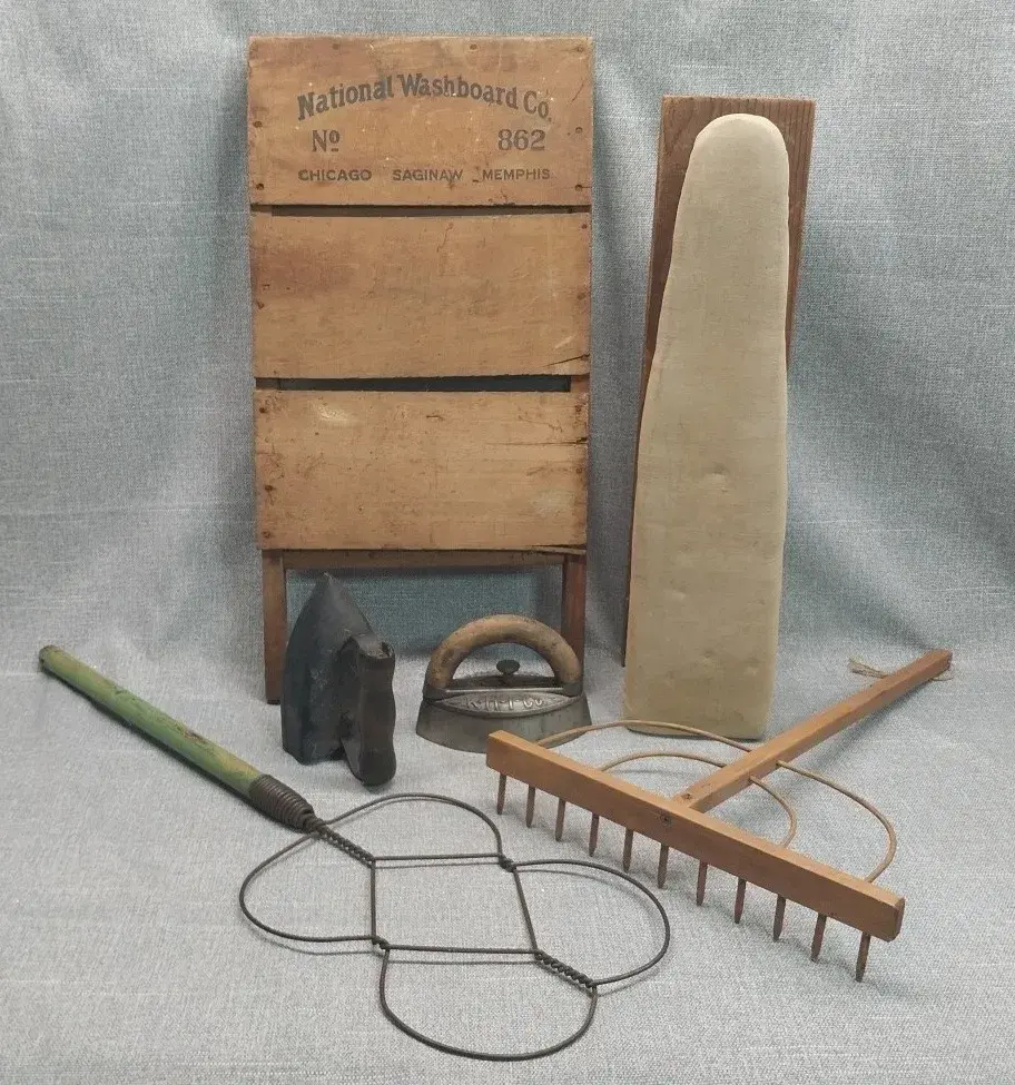Antique Laundry Day Lot – National Washboard Co. No. 862, Sad Irons, Rug Beater & More