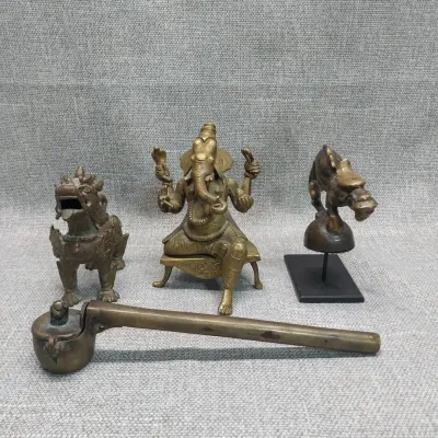 Brass Asian Collectibles, Seated Ganesha, Snow Lion, Animal Figure on Stand, Pen Case