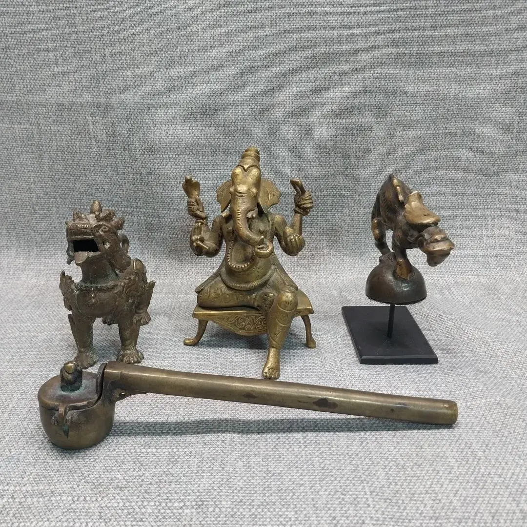 Brass Asian Collectibles, Seated Ganesha, Snow Lion, Animal Figure on Stand, Pen Case