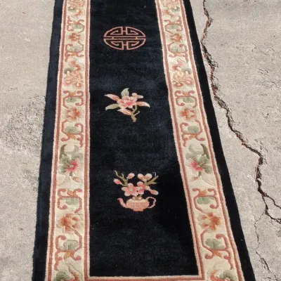 Vintage Chinese Hand-Knotted Wool Runner Rug – Black Field, Carved Pile, Floral & Shou Motifs