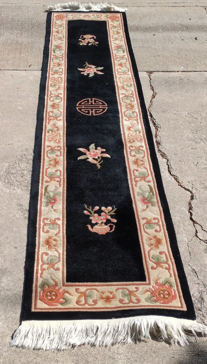 Vintage Chinese Hand-Knotted Wool Runner Rug – Black Field, Carved Pile, Floral & Shou Motifs