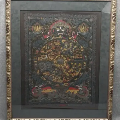 Tibetan Thangka Painting – Bhavachakra Wheel of Life, Black & Gold