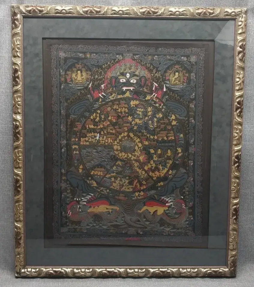 Tibetan Thangka Painting – Bhavachakra Wheel of Life, Black & Gold
