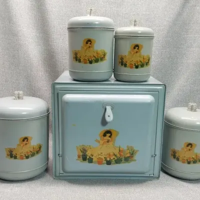 1950s Aqua Metal Breadbox & 4 Canister Set – Southern Belle Flower Decals