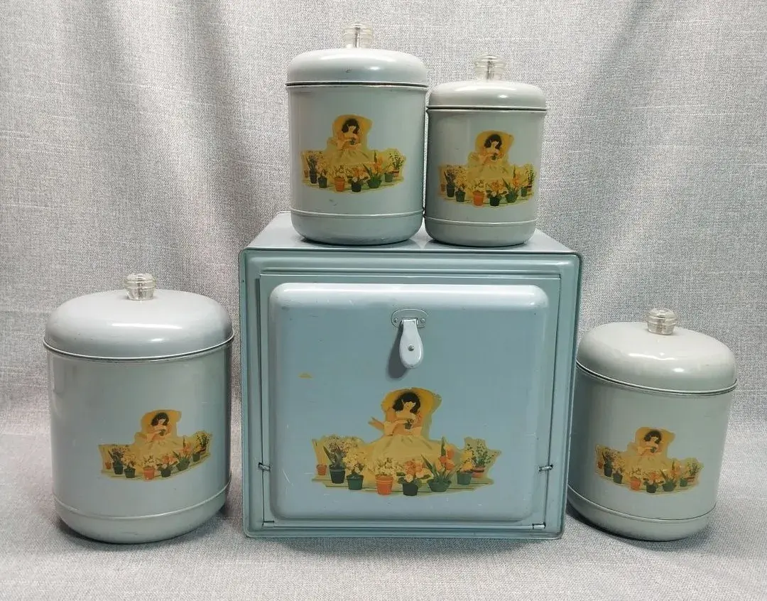 1950s Aqua Metal Breadbox & 4 Canister Set – Southern Belle Flower Decals