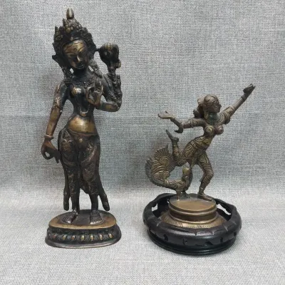 Nepalese Standing Tara & Dancer with Peacock Brass Statues