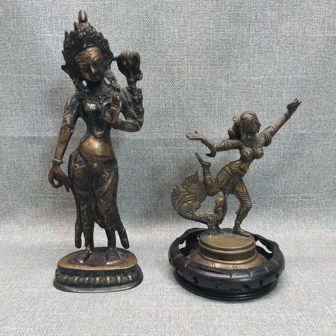Nepalese Standing Tara & Dancer with Peacock Brass Statues