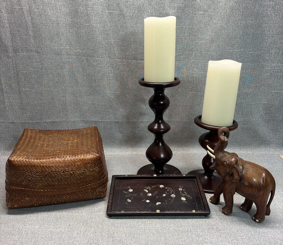 Crate And Barrel Wooden Candle Holders, Wooden Tray with Mother Of Pearl Inlay And Elephant